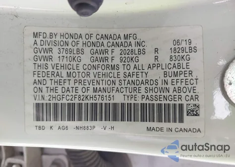 2019 Honda Civic Sport from USA, damaged, VIN 2HGFC2F82KH576151